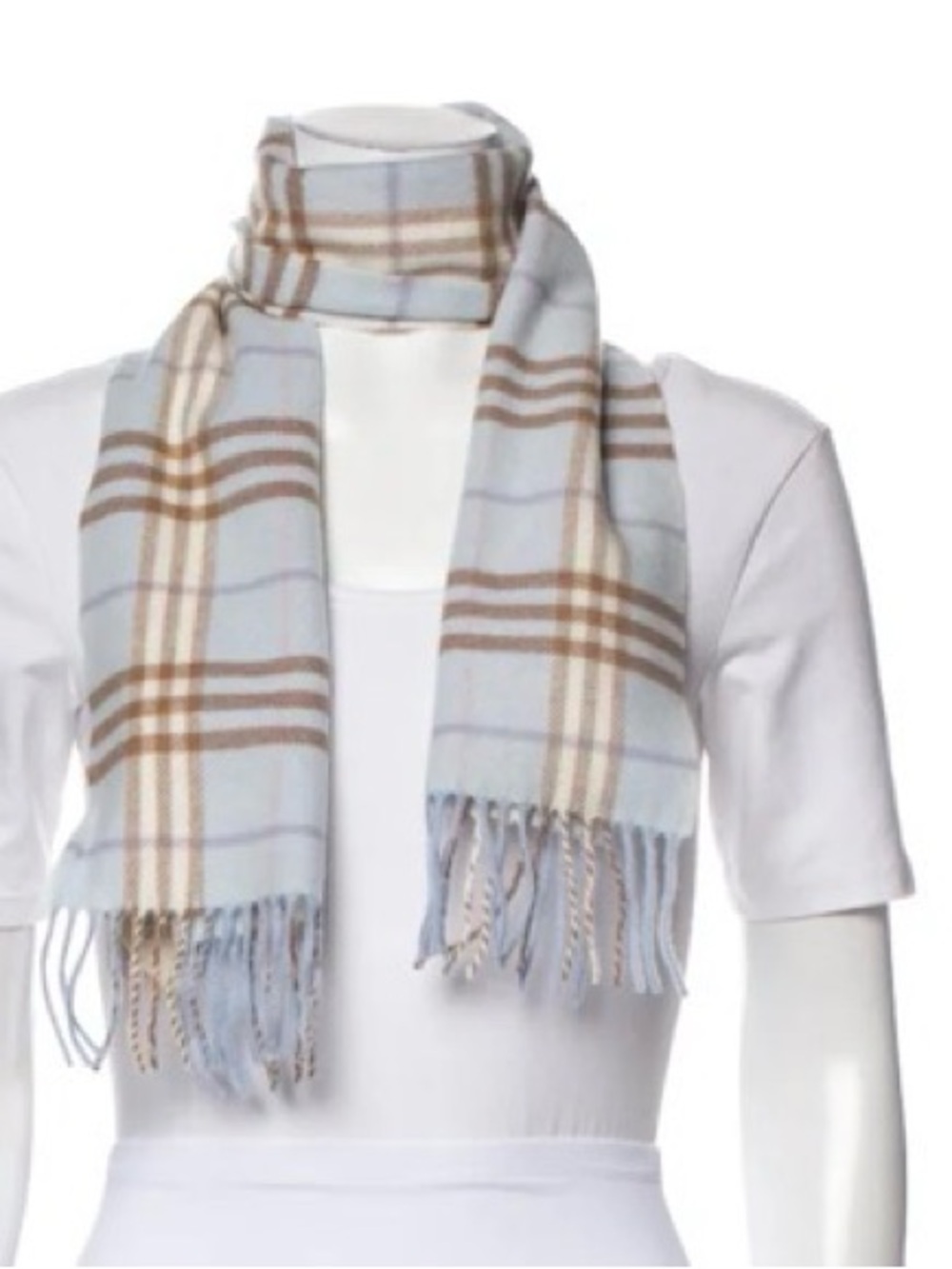 Authentic Burberry Light Blue Plaid Women's Fringe Scarf